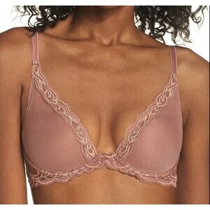 Natori Women’s Feathers Plunge Bra 34DD Mauve Brown Lace Underwire Light Padding